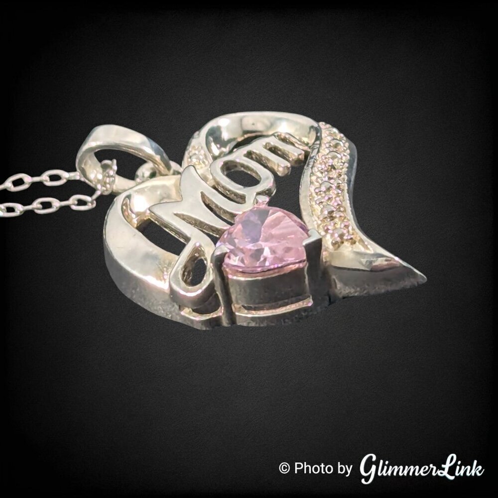 Dainty Pink CZ Mom Heart October Birthstone 925 Sterling Silver Pendant Necklace - Picture 6 of 12